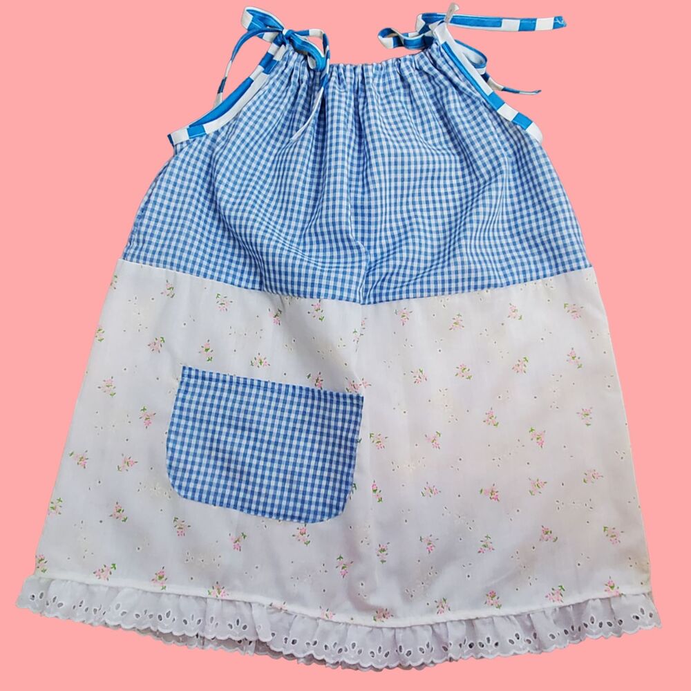 Girl's Vintage 70's Blue Gingham Floral Dress